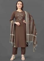 Cotton Blend Brown Traditional Wear Thread Work Readymade Kurti Set